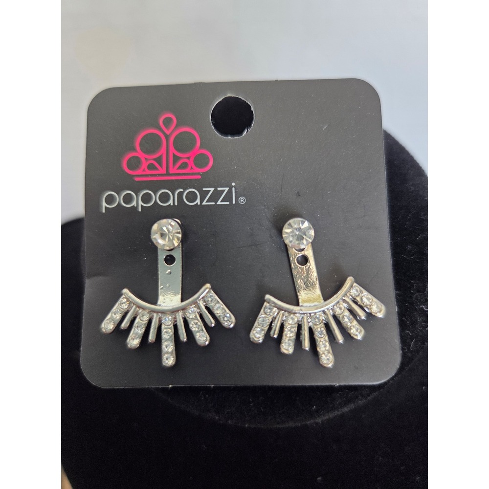 Paparazzi Silver Rhinestone Ear Jacket Earrings Sunburst Fringe Studs